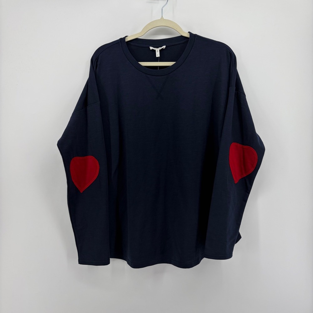 Maurices Womens Large Navy Blue Long Sleeve Top Red Heart Elbow Patches